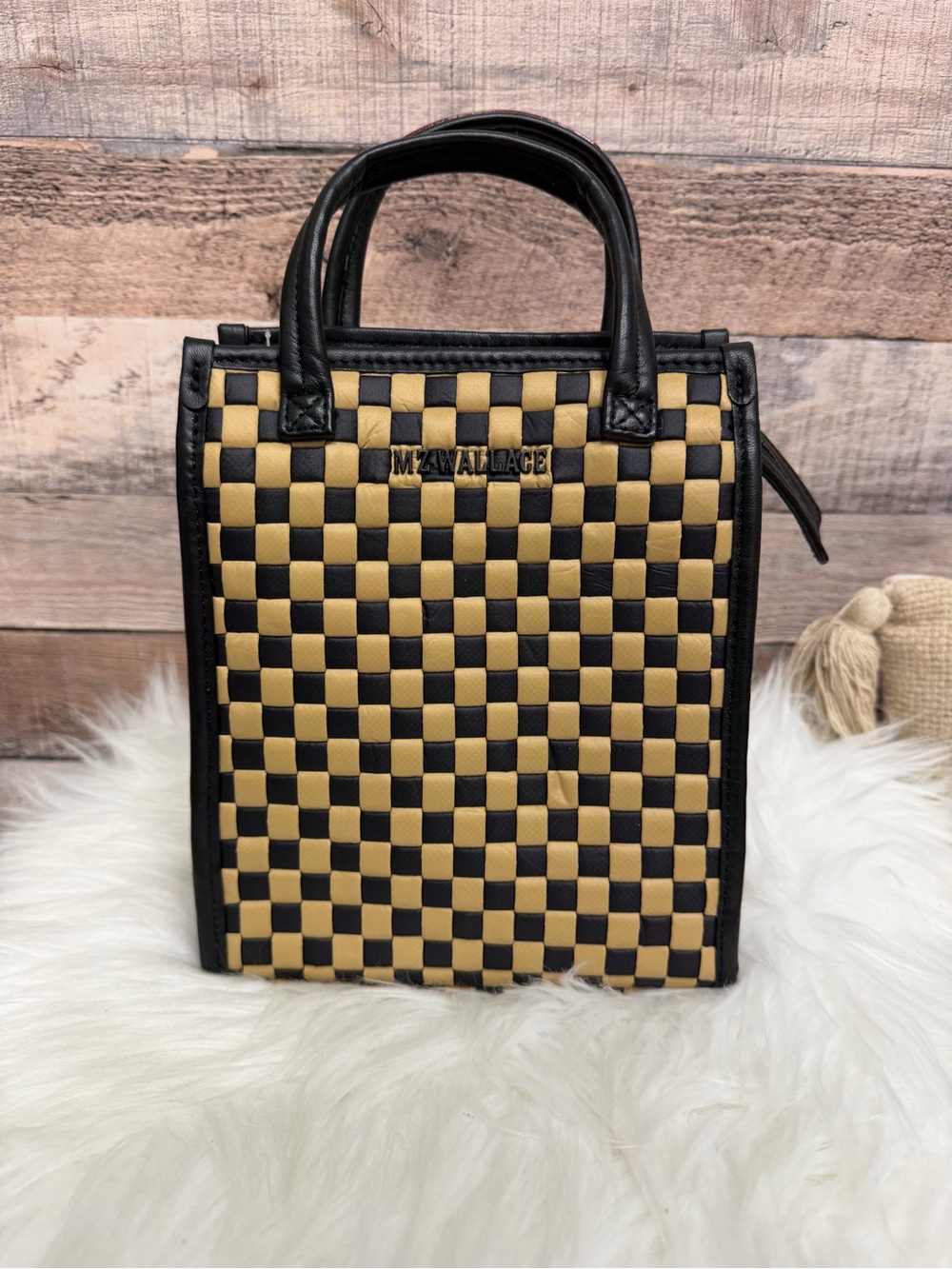 MZ Wallace Black & Tan Checkered Box Tote OS